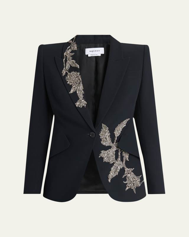Floral Crystal One-Button Crepe Blazer